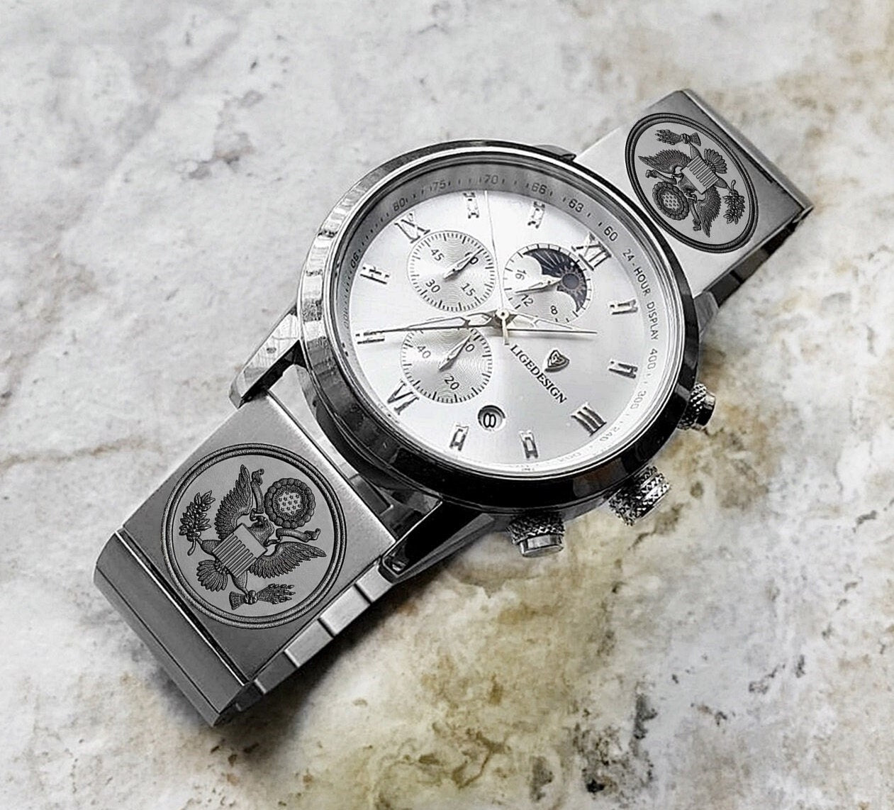 Engraved Watch Band for 22mm 24mm 25mm Lugs Traditional Casual Luxury and Smartwatches Silver Color Stainless Steel Strap Bracelet AS1